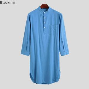 남성용 이슬람 패션 Abayas 수면 가운 솔리드 코튼 긴 소매 편안한 레저 잠옷 남성용 목욕 가운 Homewear Robes