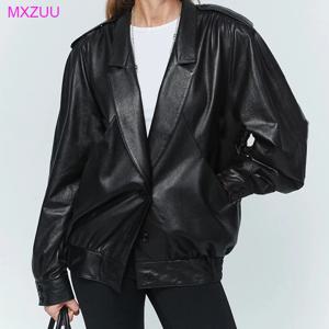 가죽 자켓 여성 가을 ​​야채 무두질 양피 패션 레트로 Pleated 질감 느슨한 프로필 옷깃 Casaco Inverno Feminino