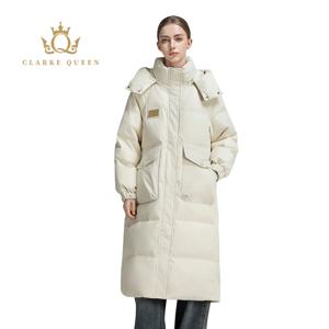 CLARKE QUEEN 여성용 다운 재킷 겨울 오리 다운 코트 후드 롱 오버 무릎 캐주얼 두꺼운 장착 패딩 퍼퍼 코트