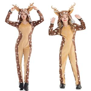 가족 크리스마스 파티 사진 의상 어린이를위한 갈색 사슴 동물 Onesies 성인 무대 공연 착용