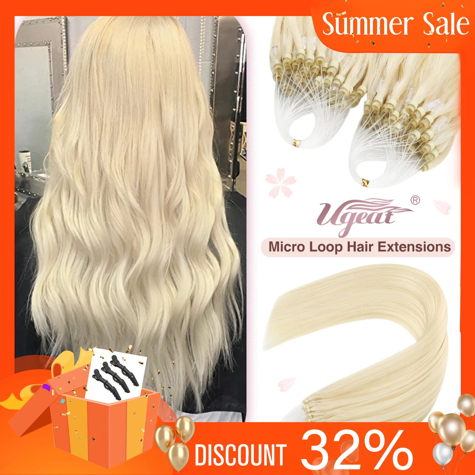 Ugeat 마이크로 루프 인간 헤어 익스텐션 Balayage Blonde 50Gram/Set 1G/S 천연 헤어 마이크로 링크 헤어 익스텐션 퓨전 프리 보세