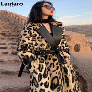 Lautaro 겨울 긴 표범 인쇄 여성을위한 따뜻한 푹신한 가짜 모피 트렌치 코트 긴 소매 더블 브레스트 유럽 패션 2021