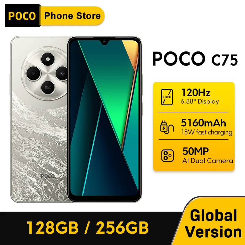 POCO C75 글로벌 버전 스마트폰, NFC, 128GB, 256GB, 6.88 인치 도트 드롭 디스플레이, 헬리오 G81-Ultra, 50MP 카메라, 대용량 5160mAh 배터리