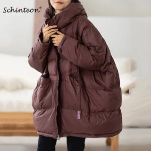 Schinteon 여성용 화이트 덕 다운 재킷, 캐주얼 루즈 오버 사이즈 2024, 따뜻한 아우터, 후드 포함, 한국 스타일 코트, 가을, 겨울, 신상