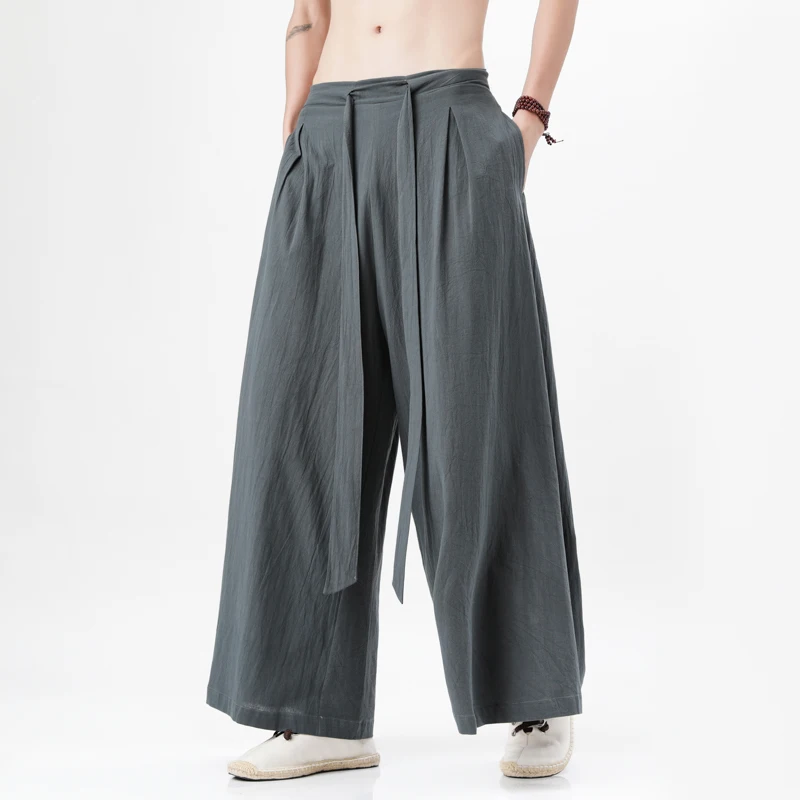 2023 중국 스타일 하라주쿠 리넨 코튼 린넨 바지 남자 일본 기모노 바지 남성 streetwear 여름 레트로 와이드 레그 바지
