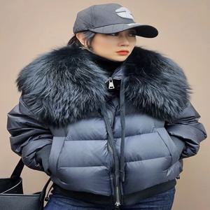 2023 겨울 퍼퍼 자켓 여성 대형 리얼 너구리 모피 칼라 짧은 여성 파카 두꺼운 따뜻한 90% 거위 다운 코트 루즈