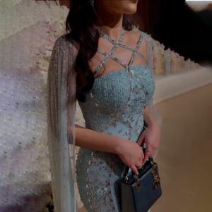인어 케이프 슬리브 이브닝 드레스 우아한 블루 럭셔리 페르시 크리스탈 Tulle 댄스 파티 드레스 바닥 길이 파티 여성을위한 vestido