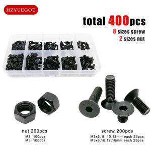 400pcs M2 M3 10 크기 알렌 육각형 육각 소켓 플랫 카운터 싱크 헤드 나사 볼트 육각 너트 세트 구색 키트 상자 등급 10.9 강철
