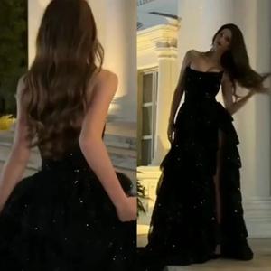 다층 블랙 반짝 이는 고급스러운 구슬 자수 여성을위한 우아한 드레스 갈라 파티 드레스 Robe De Soiree Femmes Customized