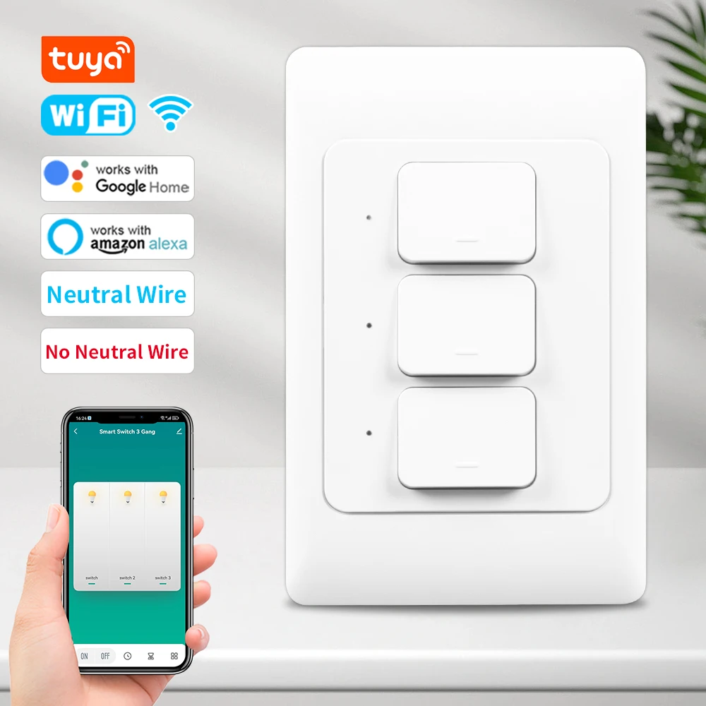 Tuya WiFi 스마트 벽 조명 스위치 중립선 없음 및 중립선 푸시 버튼 물리적 조명 스위치 Alexa Google 홈용 US/AU