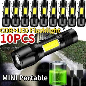 1-10PCS 미니 손전등 COB + XPE 휴대용 토치 Zoomable 초점 빛 충전식 전술 손전등 캠핑 비상 랜턴