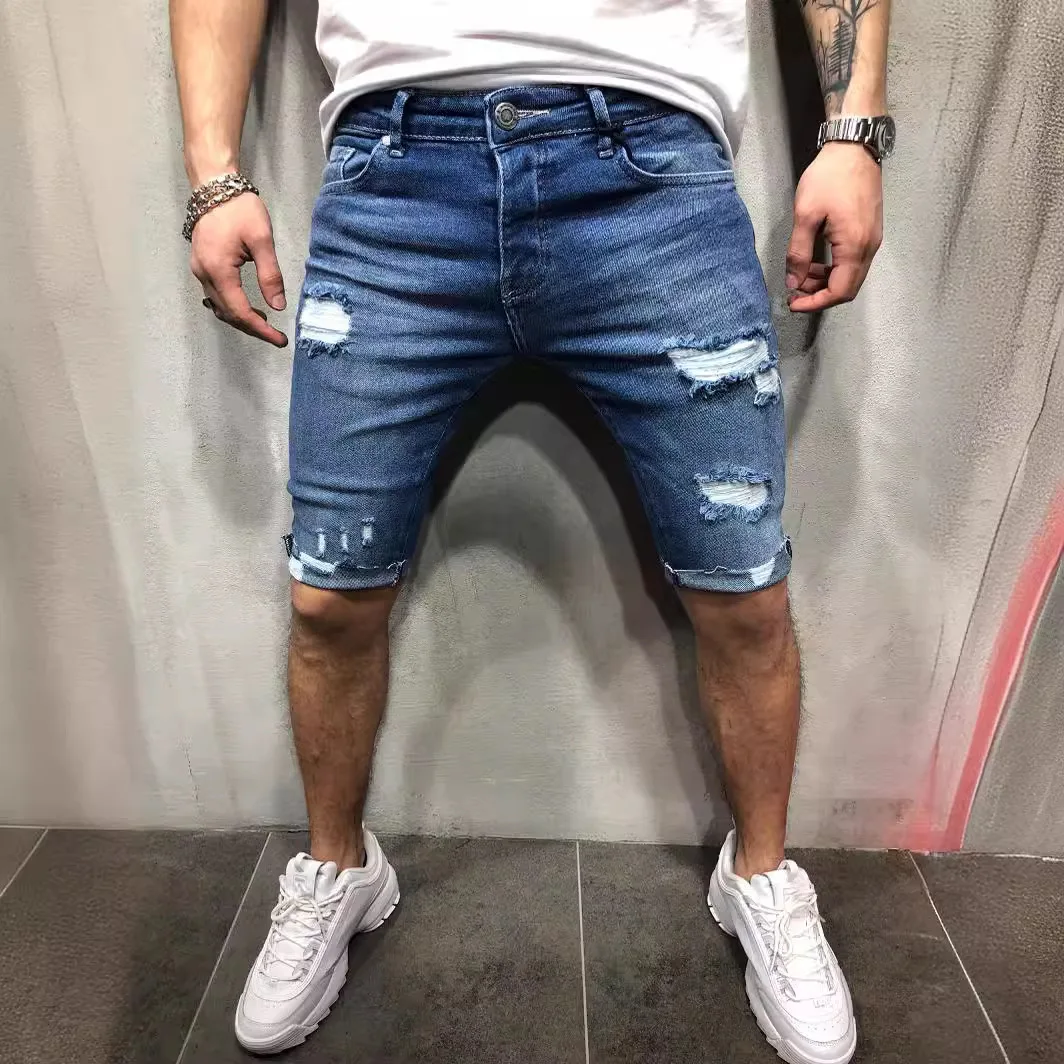 여름 찢어진 청바지 고민 된 찢어진 고양이 수염이있는 남성용 스키니 데님 반바지 힙합 streetwear 짧은 바지 남성용 바지