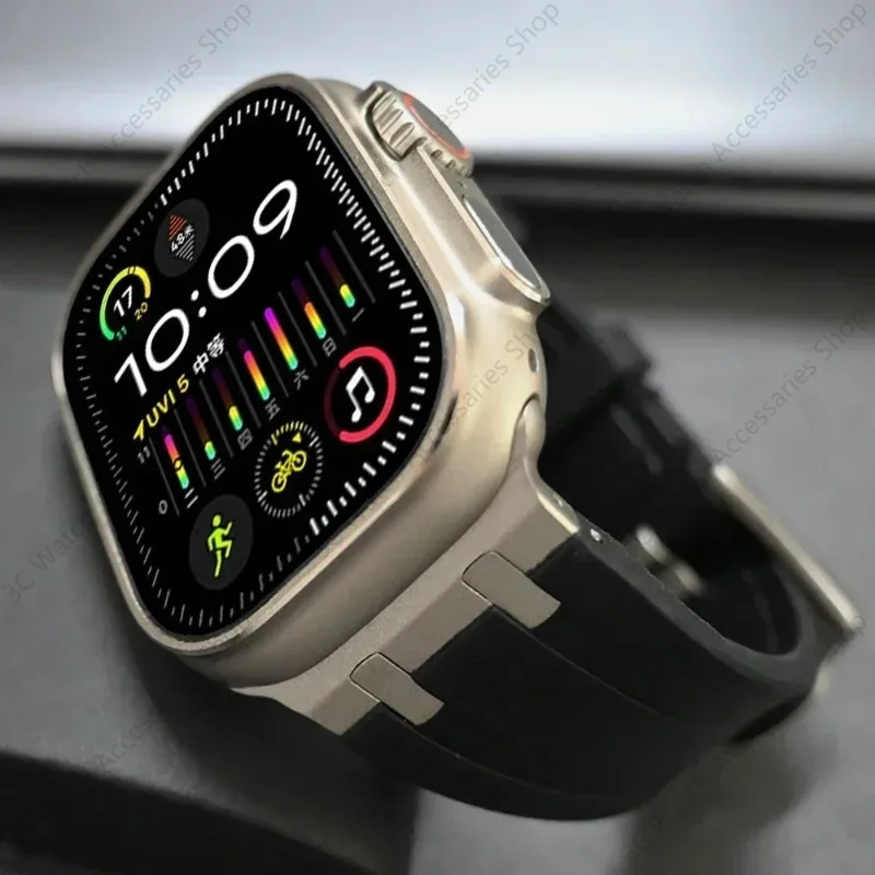 Apple Watch Ultra 2 용 티타늄 컬러 메탈 헤드 실리콘 밴드 Iwatch 시리즈 9 8 7 6 5 4 Se 3 용 49mm 45/44/42mm 고무 스트랩