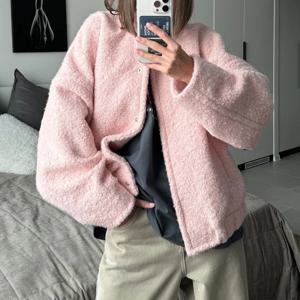 BKLD 여성용 핑크 플리스 두꺼운 따뜻한 재킷, 심플하고 우아한 스탠드 칼라, 긴팔 포켓, 루즈핏 코트, 캐주얼 패션 스타일
