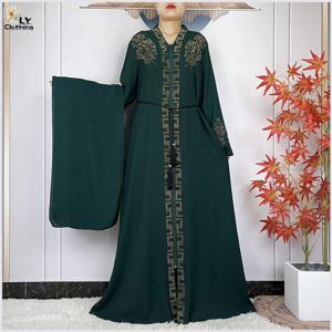 여성을위한 새로운 아프리카 abaya 이슬람 우아한 드레스 쉬폰 오픈 체인 느슨한 맞는 femme 가운 이슬람 두바이 파티 드레스와 터번