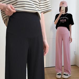 임산부 와이드 레그 임신 바지, 세로 줄무늬 바지, 임산부 의류