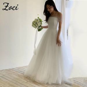 Zoci 우아한 한국 A 라인 웨딩 드레스, 어깨 케이프 사진 촬영 원피스, 맞춤형 드레이프 얇은 명주 그물, 백리스 신부 가운
