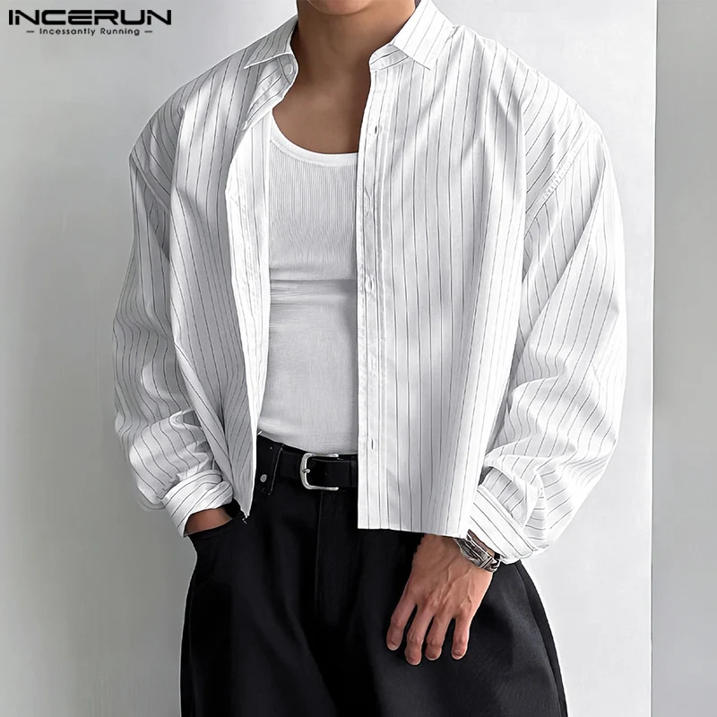 INCERUN 남성용 캐주얼 심플 스트라이프 크롭 셔츠, 긴팔 블라우스, 스트리트웨어 패션, 한국 스타일 상의, 2025