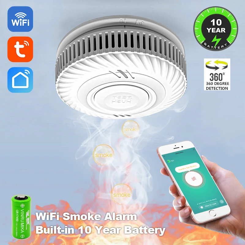 WiFi Tuya 스마트 연기 감지기, 팔러 룸 주방 상점 화재 검사 경보 센서 용 10 년 리튬 배터리 내장