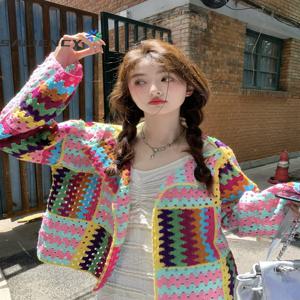 SALIENCY 다채로운 크로 셰 뜨개질 니트 중공 카디건 스웨터 자켓 여성 봄 탑 느슨한 짧은 니트웨어