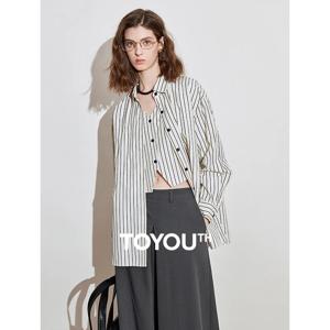 TOYOUTH 여성 스트라이프 셔츠 2025 봄 뉴 리오셀 코튼 긴 소매 다목적 블라우스 셔츠 탑 블루