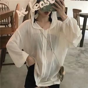 플러스 사이즈 여성용 후드 자외선 차단 재킷 얇은 느슨한 통기성 봄 가을 패션 오픈 카디건 탑 퓨어 컬러 통근