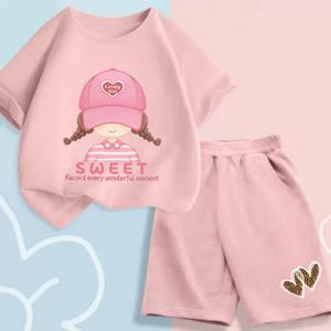 여름 아기 옷 세트 아이 소녀 만화 인쇄 짧은 소매 티셔츠 탑과 반바지 하단 2 조각 정장 어린이 Tracksuits