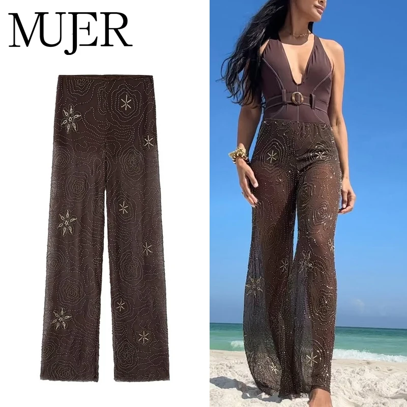 MUJER 시퀸 배기 팬츠 여성 비즈 와이드 레그 팬츠 여성 시스루 캐주얼 팬츠 여성 스트릿웨어 패션 트라우저 여성용