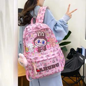 Labubu 대용량 어린이 배낭 캐주얼 나일론 귀여운 학교 가방 만화 애니메이션 키즈 배낭 일일 여행 통근 배낭