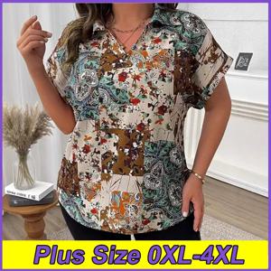여름 플러스 사이즈 티셔츠 새로운 유행 페인트 의류 3XL 4XL 여성 프린트 v 넥 반팔 탑 루즈 캐주얼 티셔츠