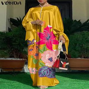 VONDA 2023 여성용 보헤미안 플러스 사이즈 드레스, O넥 긴 소매 새틴 파티 드레스, 빈티지 캐주얼 꽃 프린트 맥시 롱 선드레스