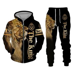 봄과 가을 남성 Tracksuit 3D 사자 인쇄 지퍼 후드 티 스웨터 바지 세트 캐주얼 남성 의류 여성 Tracksuit
