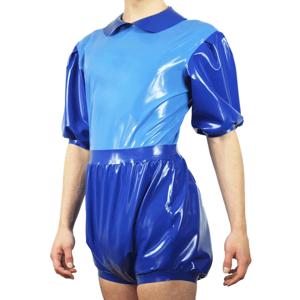 두 개의 파란색 섹시한 짧은 퍼프 슬리브 라텍스 수영복 기저귀 지퍼 고무 바디 슈트 Catsuit Zentai Romper Jumpsuits LTY-0337