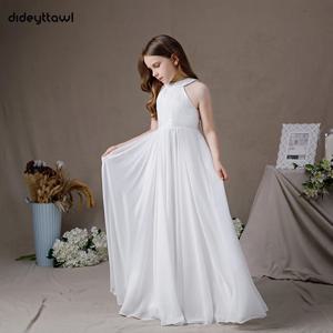 Dideyttawl 맞춤형 레이스 쉬폰 민소매 홀터넥 플라워 걸 드레스 라인 첫 성찬식 가운 주니어 신부 들러리 화이트