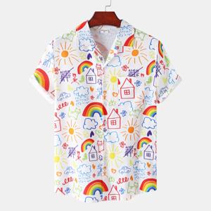 여름 무지개 남성 직업 옷깃 Camisa 대형 하와이 셔츠 3d 인쇄 패션 남성 여성 해변 짧은 소매 블라우스 소년