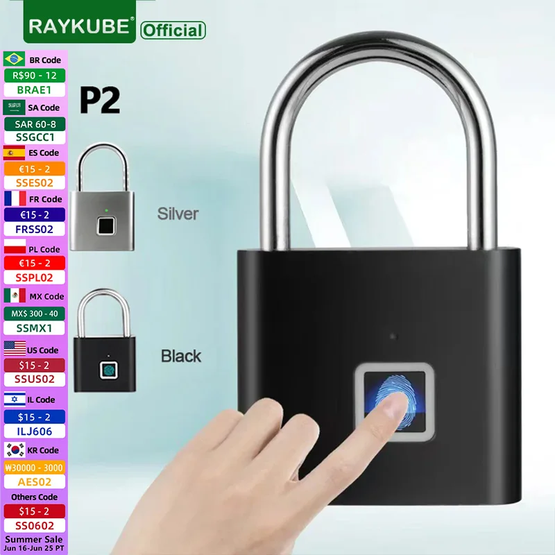 RAYKUBE P2 스마트 지문 자물쇠, 방수 아연 합금 생체 자물쇠, 내장 충전식 배터리 포함