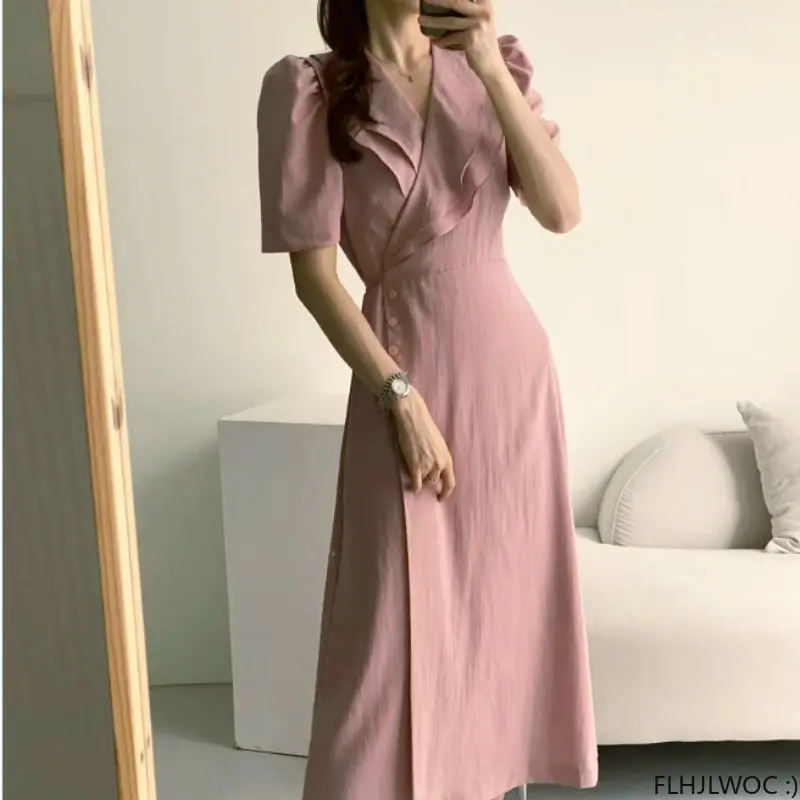여성용 레트로 빈티지 디자인 프릴 원피스, 한국 시크 미디 드레스, 일본 스타일, 핑크 레이스 업 드레스, FLHJLWOC, 여름