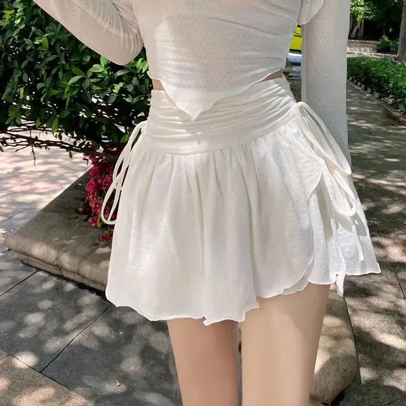 한국어 여름 흰색 미니 스커트 숙녀 하이 웨스트 불규칙한 Drawstring 플리츠 스커트 Girly Style All-Match Short 스커트