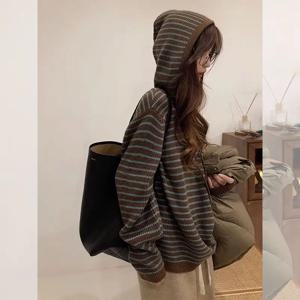 2023 New Tops 와이드 캐주얼 한국 후드 스트라이프 패션 스웨터 겉옷 여성 가을, 겨울