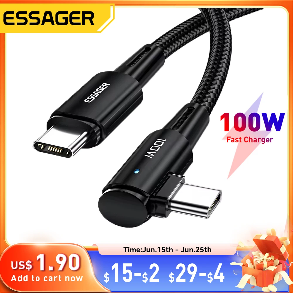 Essager 100W USB 유형 C-USB C 케이블 90도 각도 iPad MacBook Pro Xiaomi Samsung Huawei 고속 충전 유형-C 날짜 와이어