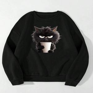 스트리트 여성 스웨터 검은 고양이와 종이컵 인쇄 후드 편안한 모든 수학 풀오버 Crewneck 느슨한 여성상의