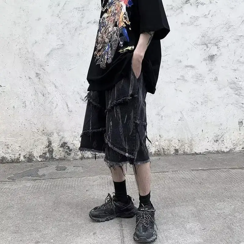 미국 원시 가장자리 데님 남성 반바지 여름 특대 캐주얼 느슨한 무릎 높이 어두운 자른 바지 streetwear 남성