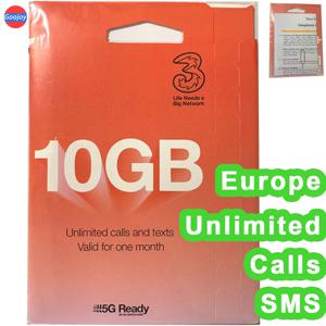 유럽 5G 무제한 통화 및 SMS, 영국 10 30 100GB 데이터 (유럽 12GB 데이터), 영국 전화 번호, 영국 3 심 카드