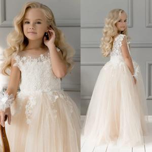 BABYONLINE 레이스 Tulle 꽃 소녀 드레스 2024 공주 아이를위한 어린이 웨딩 파티 라이트 샴페인 맥시 볼 가운 저녁