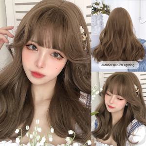 앞머리 있는 허니 다크 브라운 로리타 합성 가발, 긴 자연 웨이브 헤어, 여성용 데일리 사용, 코스프레 드래그 내열성, 20 인치