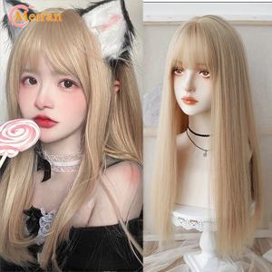 MEIFAN 합성 긴 스트레이트 코스프레 가발 (Bangs 포함) 가발 소녀 한국어 귀여운 핑크 금발 블랙 파티 할로윈 로리타 가발