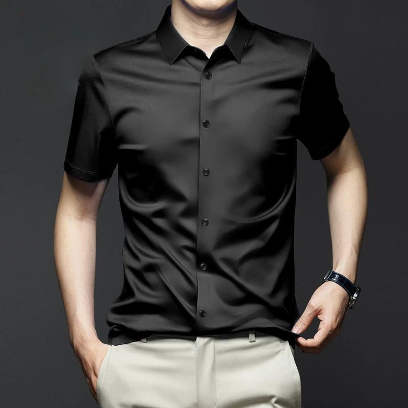 5XL 남성 드레스 셔츠 반팔 기본 패션 솔리드 아이스 실크 비 철 주름 여름 럭셔리 비즈니스 소프트 캐주얼 블랙 블라우스