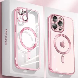 iPhone 16 15 14 13 12 11 Pro Max 16 Plus Magsafe 자기 렌즈 필름 보호 커버 핑크 용 투명 도금 초박형 실리콘 케이스