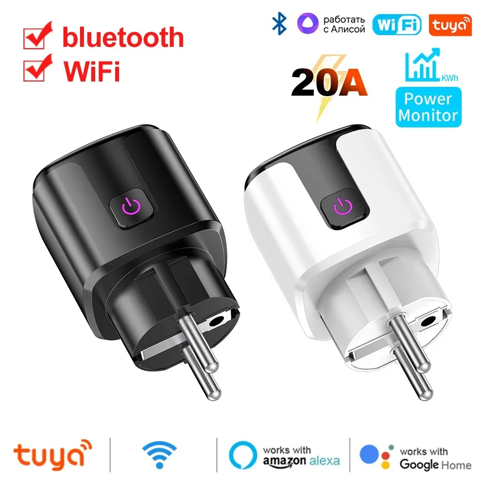 Tuya 스마트 EU 플러그 WiFi + Bluetooth 20A 소켓, 전력 모니터링 타이머 포함 어린이 잠금 콘센트 Google 홈 Alice SmartThings Alexa