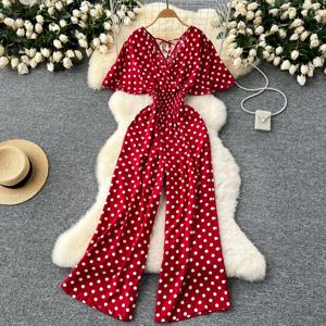 새로운 여름 폴카 도트 Romper 여성 우아한 v-목 짧은 소매 높은 허리 점프 슈트 여성 느슨한 넓은 다리 Playsuits 패션